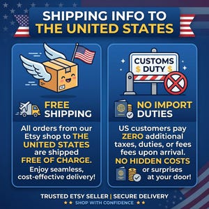 May include: An informational graphic with a blue background detailing shipping to the United States. It features a cartoon box with wings, a US flag, and icons for free shipping and no import duties, with text explaining no extra fees or costs.