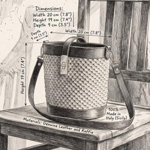 May include: A bucket bag with a textured woven body, a leather top rim, a leather base, and a leather shoulder strap. The bag features a metal clasp closure. Text indicates dimensions of 7.8 inches width, 7.4 inches height, 3.5 inches depth, and 100% Made in Italy.