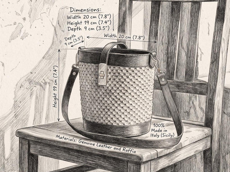 May include: A bucket bag with a textured woven body, a leather top rim, a leather base, and a leather shoulder strap. The bag features a metal clasp closure. Text indicates dimensions of 7.8 inches width, 7.4 inches height, 3.5 inches depth, and 100% Made in Italy.