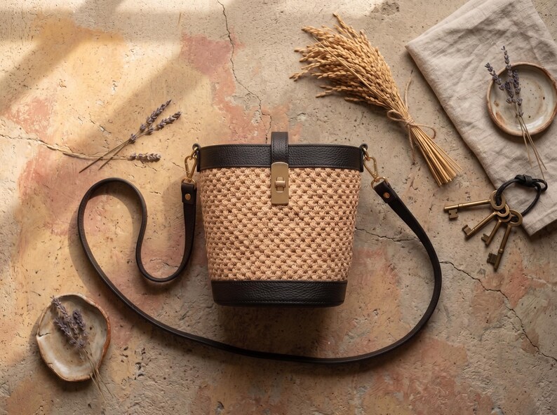 May include: A bucket bag featuring a woven tan straw body with dark brown leather trim at the top and bottom. The bag includes a gold-toned metal turn-lock closure on the front and a long, adjustable dark brown leather shoulder strap.