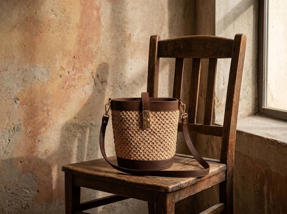 Borsa Secchiello in Vera Pelle Martellata e Raffia, Borsa Estiva a Tracolla Fatta a Mano in Italia, Borsa Paglia Intrecciata Stile Vintage