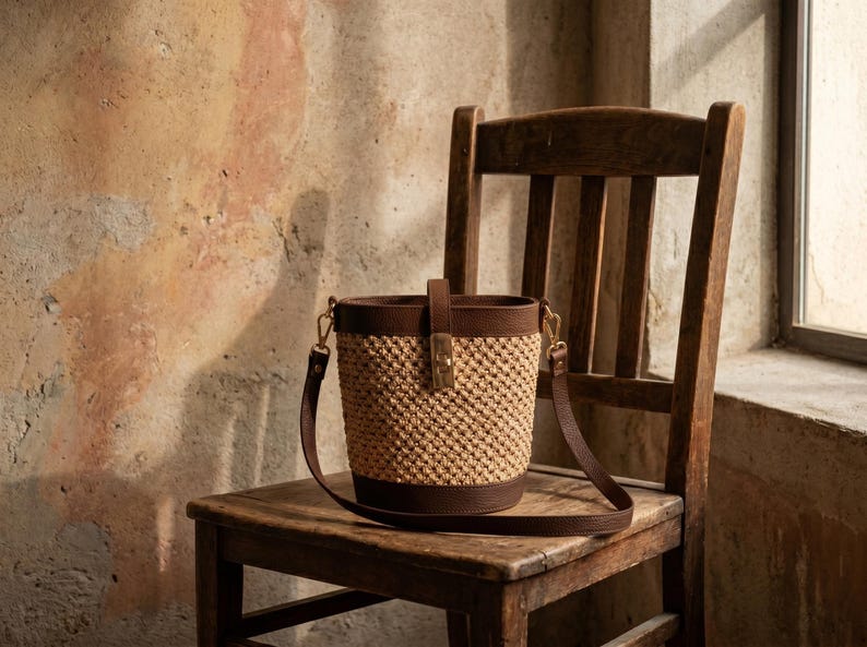 May include: A bucket bag featuring a woven tan straw body with dark brown leather trim at the base and top rim. The bag includes a vertical brown leather strap with a gold-toned metal clasp closure and a matching adjustable brown leather shoulder strap.
