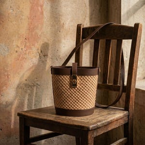 May include: A bucket bag featuring a textured, woven tan body with dark brown leather trim at the top and bottom. The bag includes a vertical brown leather strap with a gold-toned metal clasp closure and a long, thin brown leather shoulder strap.