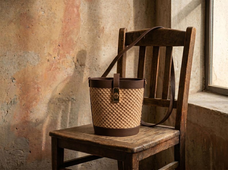 May include: A bucket bag featuring a textured, woven tan body with dark brown leather trim at the top and bottom. The bag includes a vertical brown leather strap with a gold-toned metal clasp closure and a long, thin brown leather shoulder strap.