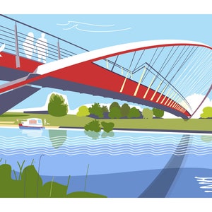 May include: A red and white arched bridge crosses a blue river with green trees and a small boat on the water. The bridge has a white railing and a walkway with people walking on it.