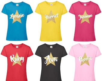 Girls Personalised Gold Glitter Star Name T-Shirt