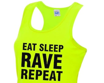 Eat Sleep Rave Repeat Ladies Neon Yellow Sports Vest