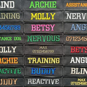 May include: Black embroidered patches with various text in different colors. The patches include words like "ARCHIE", "MOLLY", "BETSY", "NERVOUS", "TRAINING", and "BUDDY", along with phone numbers. The patches are for pets.