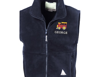 Embroidered Train Personalised Name Boys Fleece Bodywarmer Navy Kids Custom Text Jacket Coat