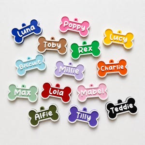 Peut inclure: Une collection de médailles d'identification pour animaux en forme d'os de différentes couleurs, notamment bleu, rose, marron, vert, jaune, bleu clair, violet, orange, vert clair, rouge, rose clair, olive, violet foncé et noir, avec un nom blanc.
