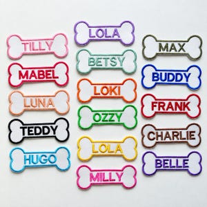 May include: A collection of bone-shaped embroidered patches featuring various names in different thread colours including pink, red, orange, black, blue, purple, teal, green, yellow, olive, and brown, all set against a plain white background.