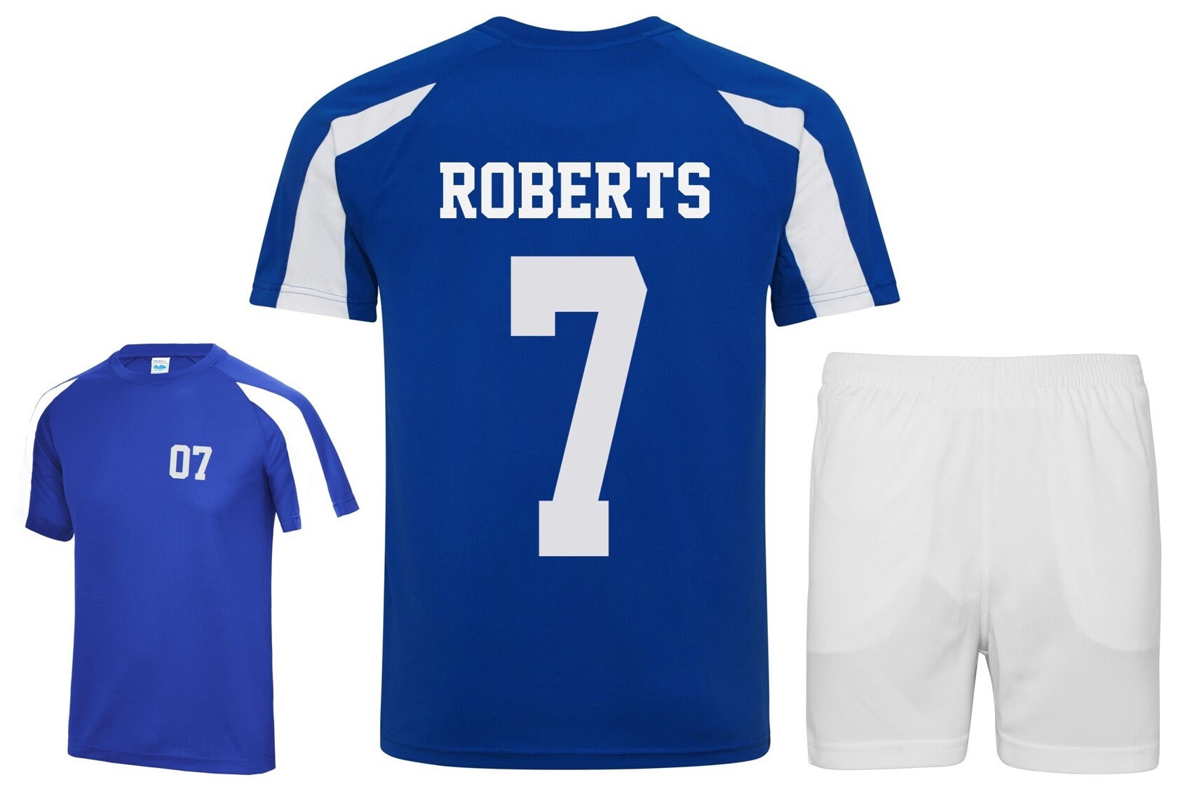 Kids Personalised Football Kit (T-Shirt & Shorts) Royal Blue/White