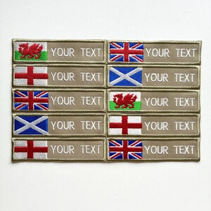 Personalised Embroidered Flag Patch Sew/Iron/VELCRO® Custom Text Badge Sand