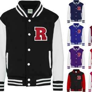 Kids Personalised Initial Red Felt Patch Varsity Jacket College Baseball Letterman