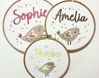 Personalised Embroidery Hoop – Custom Name Bird Embroidered Vintage Art Nursery Decor Baby Shower Birth Announcement Gift