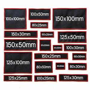 May include: A collection of black rectangular patches with red borders, each displaying white text indicating dimensions in millimeters. Sizes range from 40x25mm to 150x100mm. The patches are arranged on a white surface.