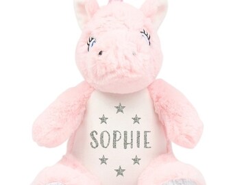 Peluche de unicornio rosa con nombre personalizado