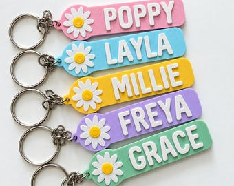 Personalised Name Flower Keyring Kids Girls Backpack Keychain Party Bag Charm