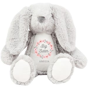 Girls Personalised Big Sister Grey Bunny Rabbit Plush Cuddly Toy - Pink Floral Wreath Name New Sibling Keepsake Gift