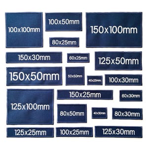 May include: A selection of navy blue rectangular patches, each displaying white text indicating dimensions in millimetres. Sizes vary from 40x25mm to 150x100mm. The patches are arranged on a white backdrop.