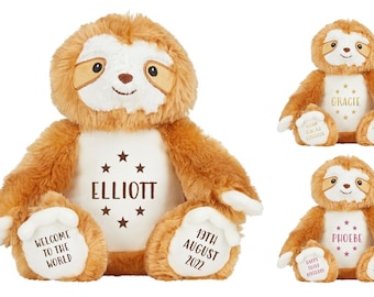 Personalised Brown Sloth Plush Cuddly Toy - Printed Name, Date of Birth, Welcome To The World, Happy 1st Birthday
