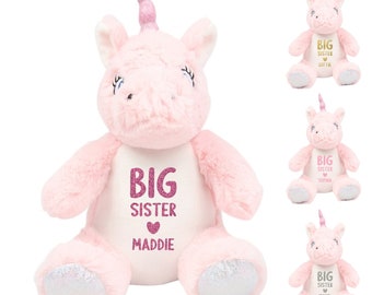 Personalised Name Big Sister Pink Unicorn Plush Cuddly Toy