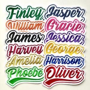 May include: A selection of embroidered name patches in a variety of colours, such as green, blue, pink, and yellow. Each patch displays a different name in a cursive font with a white border. Names include Finley, Jasper, William, Gracie, James, Jessica, Harvey, George, Amelia, Harrison, Phoebe, and Oliver.