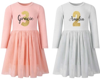 Girls Personalised Name & Age Gold Glitter Birthday Party Tutu Dress