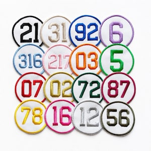 May include: A collection of sixteen circular embroidered patches arranged in a grid. Each white patch features a unique number stitched in a different colour, including black, beige, blue, purple, light blue, pink, orange, green, red, gold, and yellow.