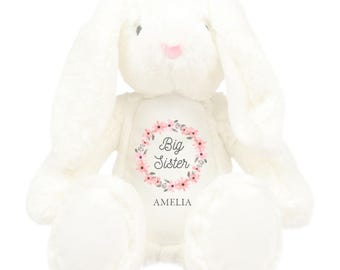 Girls Personalised Big Sister White Bunny Rabbit Plush Cuddly Toy - Pink Floral Wreath Name New Sibling Keepsake Gift
