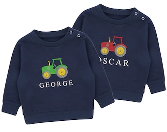 Embroidered Personalised Name Boys Sustainable Sweatshirt Baby & Toddler Custom Text Tractor Cute Farm Gift