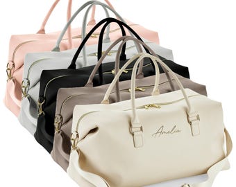 Personalised Script Name Vegan Faux Leather Weekend Holdall Bag With Detachable Strap - Custom Monogram Gifts For Her
