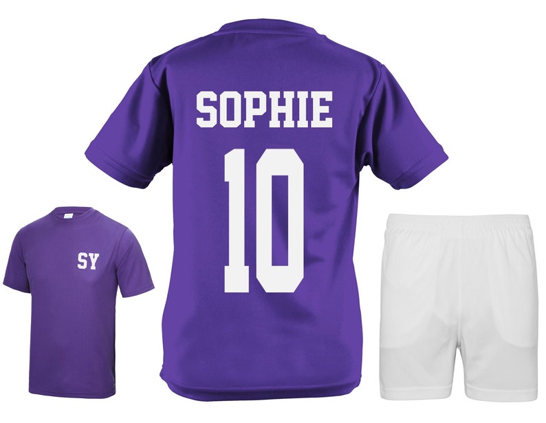 Kids Personalised Football Kit Shirt Shorts Name Number Purple