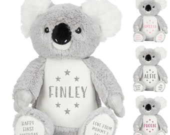 Personalised Grey Koala Bear Plush Cuddly Toy - Printed Name, Date of Birth, Welcome To The World, Happy 1st Birthday