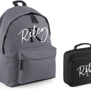 Personalised Letter Name Backpack & Lunch Bag Set (Grey/Black) School Rucksack Nursery Bag