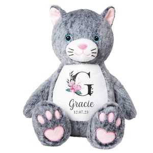 Personalised Floral Initial Name Date of Birth Large Plush Grey Cat Teddy Cuddly Toy