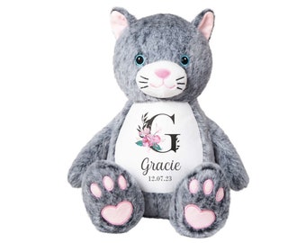 Personalised Floral Initial Name Date of Birth Large Plush Grey Cat Teddy Cuddly Toy