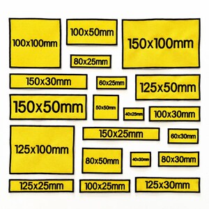 May include: A collection of yellow rectangular patches with black borders and various dimensions, such as 100x100mm, 150x100mm, and 125x25mm. Each patch has the dimensions printed in black text.