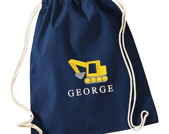 Embroidered Boys Personalised Name Digger Cotton Gymsac Custom Text School PE Bag Nursery Bag