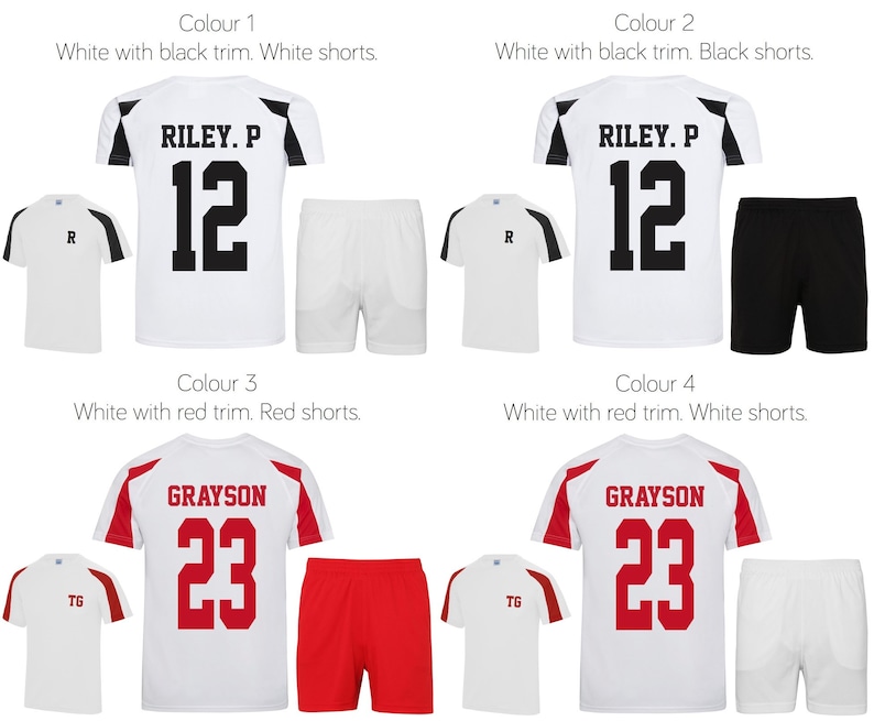 May include: Four different soccer uniforms with white shirts and black or red trim. The shirts have a player's name and number on the back. The shorts are either white, black, or red.