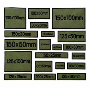 May include: A collection of olive green rectangular patches with black borders. Each patch displays its dimensions in millimetres in black text, including sizes like "100x100mm" and "150x100mm". The patches are arranged on a white background.