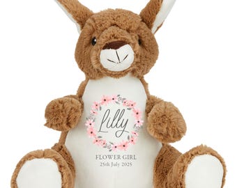 Girls Personalised Flower Girl Brown Kangaroo Plush Cuddly Toy - Floral Name Date Wedding Keepsake Gift
