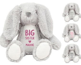 Personalised Name Big Sister Grey Bunny Rabbit Plush Cuddly Toy