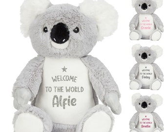 Personalised Name Welcome To The World Grey Koala Bear Plush Cuddly Toy