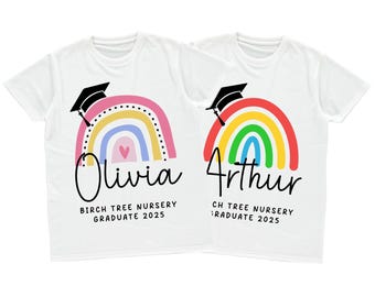 Kids Personalised Nursery Graduation T-Shirts Rainbow Girls Boys Pre School Leavers Class Of Keepsake