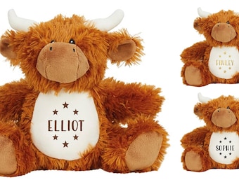 Personalised Name Brown Highland Cow Plush Cuddly Toy