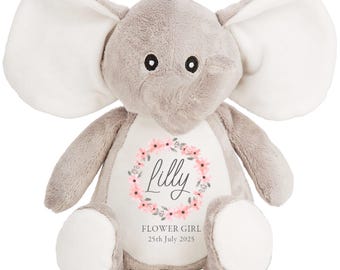 Girls Personalised Flower Girl Grey Elephant Plush Cuddly Toy - Floral Name Date Wedding Keepsake Gift