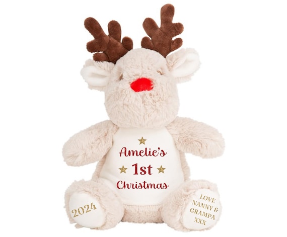 Peluche de reno personalizado con nombre para la primera Navidad del bebé
