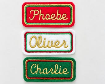 Personalised Embroidered Name Patch Kids Christmas Stocking Tags Sew & Iron On