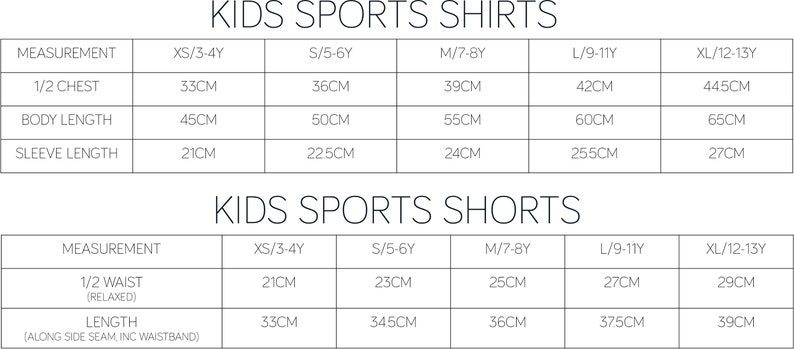 May include: Size chart for kids' sports shirts and shorts. The chart shows measurements in centimeters for half chest, body length, sleeve length, half waist, and length. Sizes range from XS/3-4Y to XL/12-13Y.